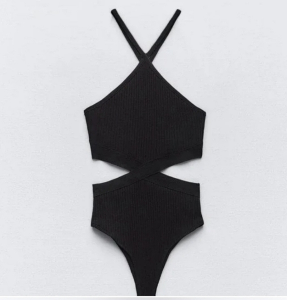 ZARA Cutout Ribbed Black Bodysuit Womens Size Small NWOT